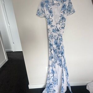 Wayf Blue and White Ruffled Maxi Gown